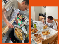Collage showing 2 images - one of Justin cooking and one of Justin sitting at a table to enjoy his meal