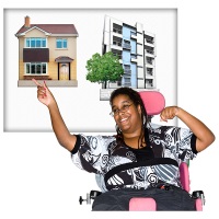 A woman in a mobility scooter pointing to a house, next to a picture of flats.