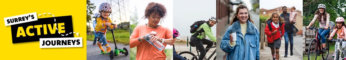 A banner image featuring a montage of images which includes the Surrey's Active Journeys logo, a child on a scooter, a woman on a run, a man and child cycling, a woman on a walk, a dad walking children to school and a woman and child cycling.