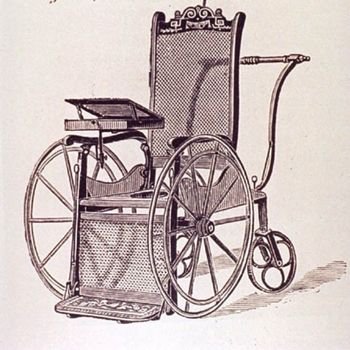 A drawing of a wheelchair from the 18th century