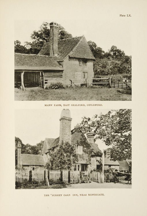 Plate LX, shows Mann Farm, East Shalford (now called 'Merlins'), and Surrey Oaks Inn, Newdigate (still a public house)