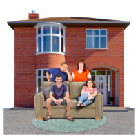 Two people standing in front of a brick house, showing shared living support.