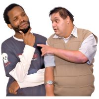 Two men, one pointing, the other thinking