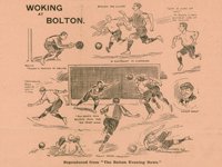 cartoon dated 15 January 1908; illustrates some of the action in the Woking FC vs Bolton Wanderers FA Cup game in which Woking FC lost to Bolton W, 5.0. Woking's goalkeeper J C Adams and half-back F S Lintott are shown in action.