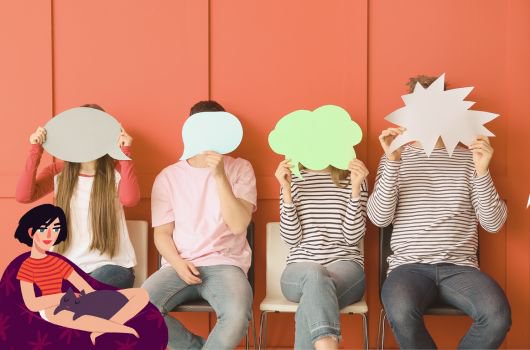 Four people holding up pieces of paper in front of their faces shaped like speech bubbles