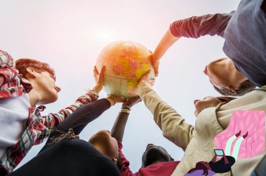 Five people holding up a globe