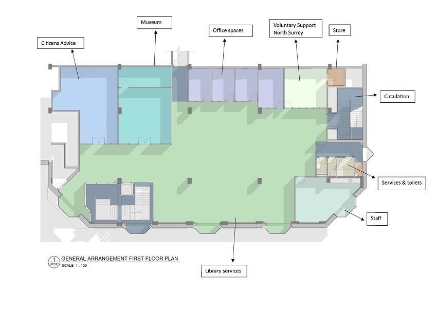 Indicative floor plan of the first floor of the new Staines Hub 