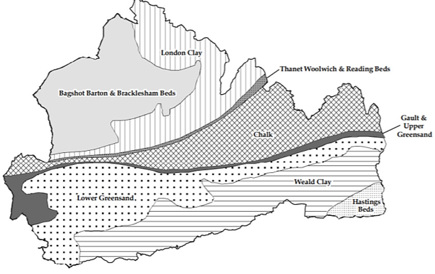 This image shows the geology of Surrey, with the Bagshot and Barton and Brackleshom Beds in the north each, London Clay in the north, and chalk in the east. In the south yo will find Lower Greensand and Weald Clay, with the Hastings Beds to the south east.