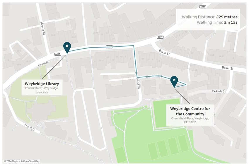 Map showing the temporary location of the library in the Weybridge Centre for the Community, Churchfield Place, Weybridge.
