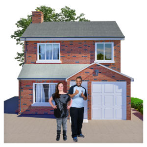 Man and woman standing in front of a brick house, giving thumbs up.