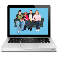 Family sitting on a sofa, framed by a house illustration, showing shared community living.