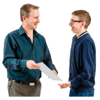 Man handing paper to young man
