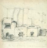 A pencil sketch by E S Gibson of the 'original kitchen at the S.I.S.' which gives a decidedly Dickensian picture of life at the school