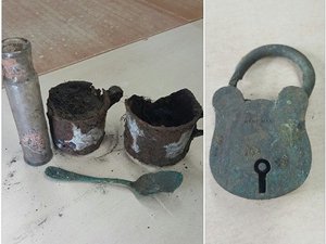 A spoon, two cups and a jar, excavated and awaiting a clean