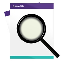 A booklet with 'benefits' written on it, with a magnifying glass on top