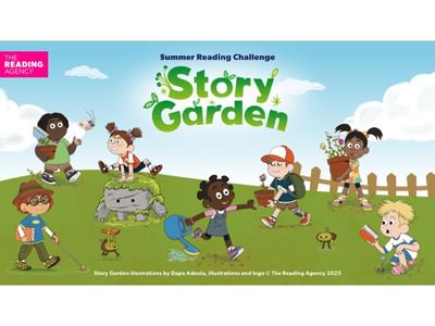 Summer reading Challenge, Story Garden logo, cartoon image of children from different backgrounds and different abilities in a garden.