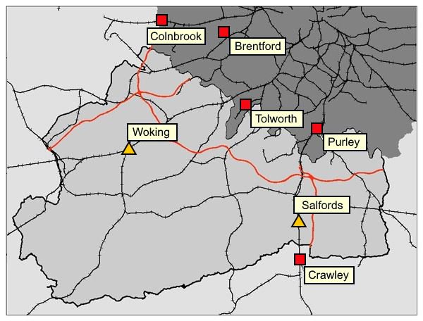 The two rail aggregate depots located in Surrey are in Woking and Salfords. Five aggregate depots within close proximity of Surrey are: Colnbrook, Brentford, Tolworth, Purley and Crawley.