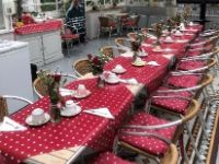 Long table with a red tablecloth, set for tea and decorated with flowers