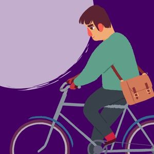 A cartoon boy rides his bike on a purple background