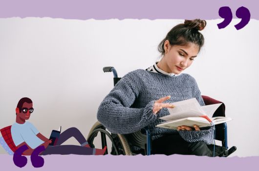 Young woman sitting in a wheelchair reading a book.