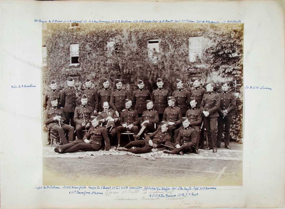 Battalion officers in undress uniforms at Salamanca Barracks, Aldershot, in 1898 (SHC ref QRWS/30/WARDE/1)