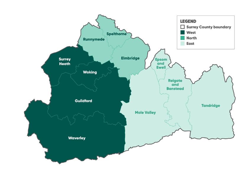 A map showing Surrey split into three unitary authorities. Area one contains Surrey Heath, Woking, Guildford and Waverley, Area two contains Runnymede, Spelthorne and Elmbridge. Area three contains Mole Valley, Epsom and Ewell, Reigate and Banstead, and Tandridge.