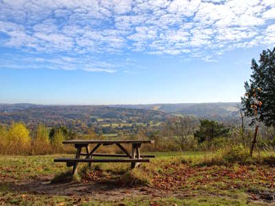 Beautiful panoramic view at Norbury Park with autumn colours.