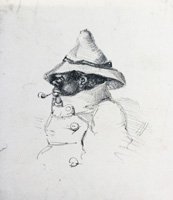 Black man in a conical hat, smoking a clay tobacco pipe