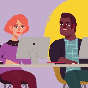 Two cartoon characters sit at a desk against a purple and yellow background