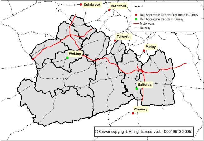 The image shows seven rail aggregate depots in and around Surrey, relative to railway and motorway links. Salfords Rail Aggregates Depot and Crawley Rail Aggregate Depot are situated in the south of Surrey, with Woking Rail Aggregate Depot in the west. To the north of Surrey in the Greater London Area, Tolworth, Purley, Brentford and Colnbrook Rail Aggregate Depots can be found.