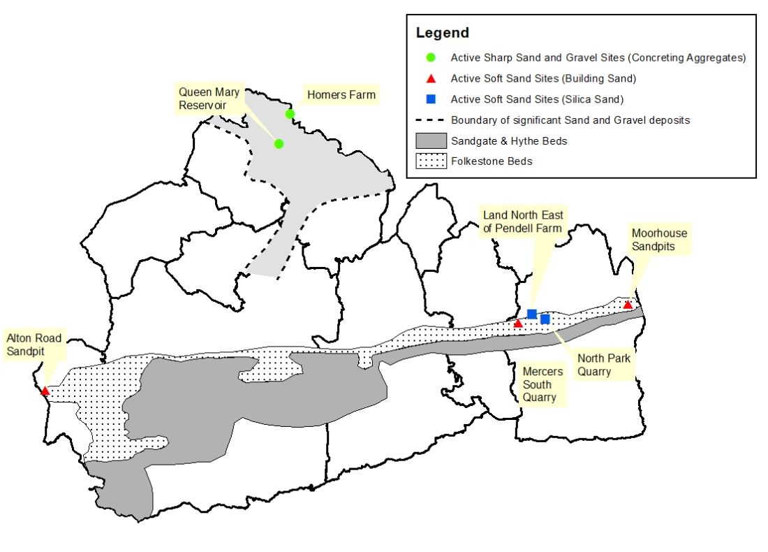 This map shows the distribution of aggregate resources and active workings across Surrey in 2021