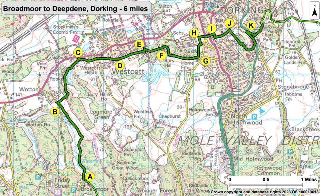 Greensand Way Map 6 from Broadmoor to Deepdene. The directions for this walk are described on this webpage. Selecting the map opens a larger version that can be saved to your device or printed.