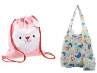 Examples of bag designs: rabbit drawstring bag and a chicken theme foldaway shopper