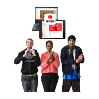 Three people signing in British Sign Language in front of laptops and tablets showing YouTube videos.
