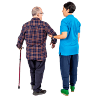 Carer helping man walk