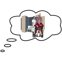 Plan to be discharged from hospital. A think bubble with a person in a wheelchair being discharged from hospital.