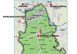 A map showing the service area for the Mole Valley connect on demand bus service. Passengers can travel anywhere in the north of Mole Valley (MV1). There are no fixed routes on this service. In addition, you can also travel to the specific locations outside of Mole Valley as follows: Effingham Junction station, Dorking Main and Dorking Deepdene station; Cobham Waitrose; Cobham Sainsbury's; Epsom hospital (front entrance); Epsom hospital (back entrance); Dorking, Waitrose; Dorking hospital and the Bus stops along the A25: Westcott; Brockham Lane.