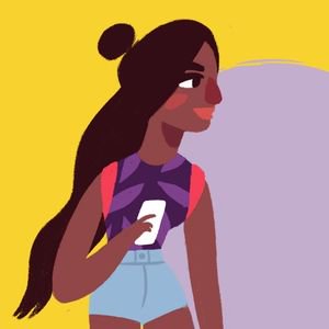 A cartoon girl holds her mobile phone against a yellow and purple background