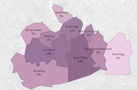 A map of the boroughs of Surrey coloured in different shades of purple.