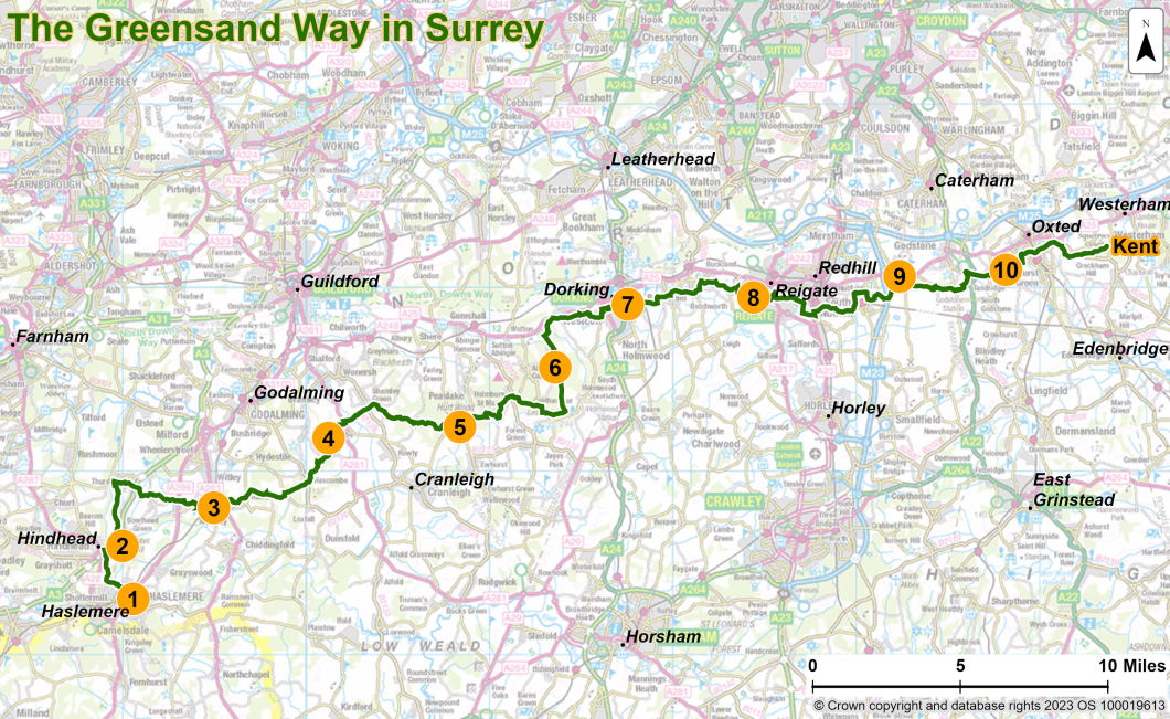 A map of the whole of the Greensand Way route, stretching from Haslemere to Westerham in Kent. The route is described on this webpage and the map opens into a larger version when selected.