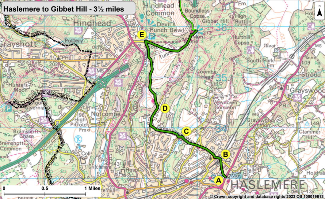 Greensand Way Map1 from Haslemere to Gibbet Hill. The directions for this walk are described on this webpage. Selecting the map opens a larger version that can be saved to your device or printed.