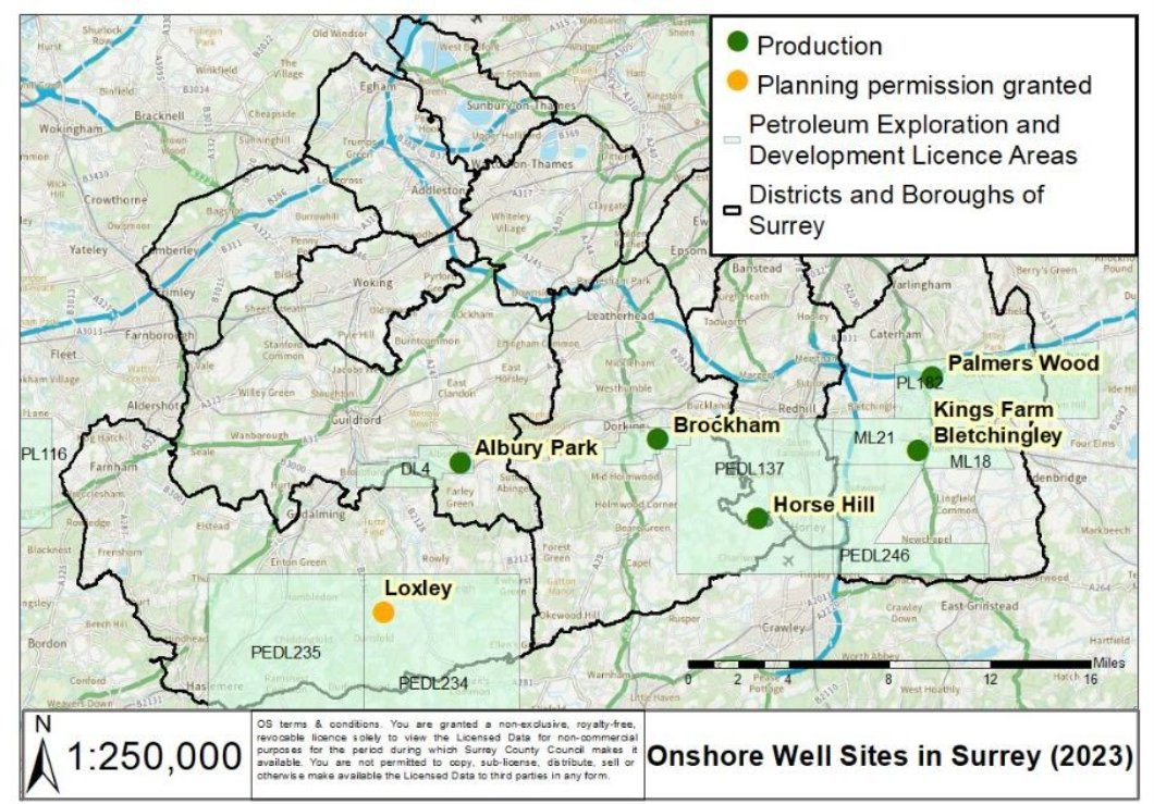 This map shows well sites across Surrey in relation to Petroleum Exploration and Development Licensing Ar
