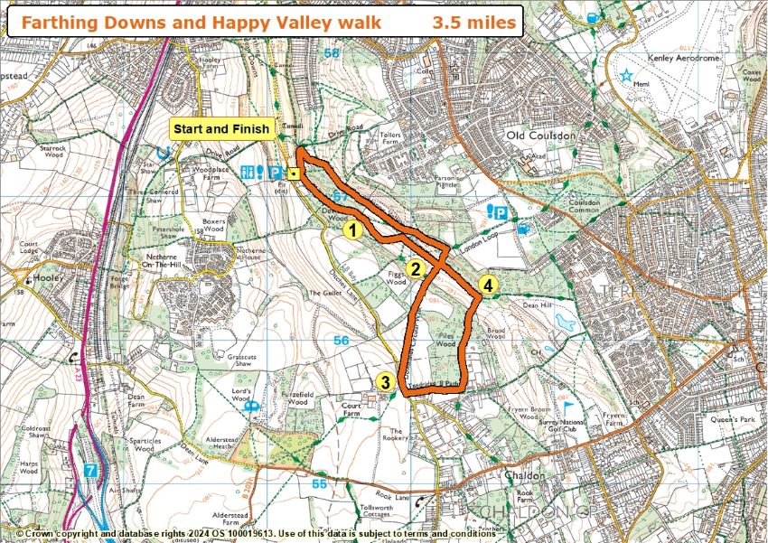 Details of the Farthing Downs route are described on this page. Select map to open a larger version that can be saved or printed.