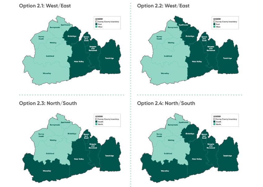 Four maps showing the options for a two unitary split along East/West and North/South lines.