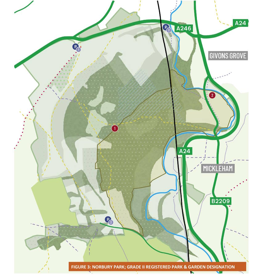 Map of Norbury Park areas of park and garden that are Grade II registered  - described on the page.
