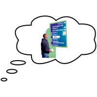 Someone planning to visit a hospital. Think bubble with someone looking at a hospital visitor information board.