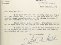 Letter to Miss Winifred Hutchings of Kingston from Surrey County Council after the bombing of County Hall, Oct 1940