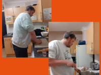 Collage of 2 pictures - one of Kieran shopping vegetables on a chopping board and one of Kieran by the sink in the kitchen