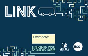 Blue LINK card for the over 16s that includes the Surrey County Council logo and the ITSO logo.