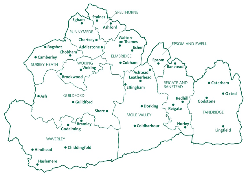 This is an image of a map of Surrey that outlines Surrey's eleven district and boroughs; Tandridge, Reigate and Banstead, Mole Valley, Epsom and Ewell, Elmbridge, Spelthorne, Runnymede, Woking, Guildford, Waverly and Surrey Heath